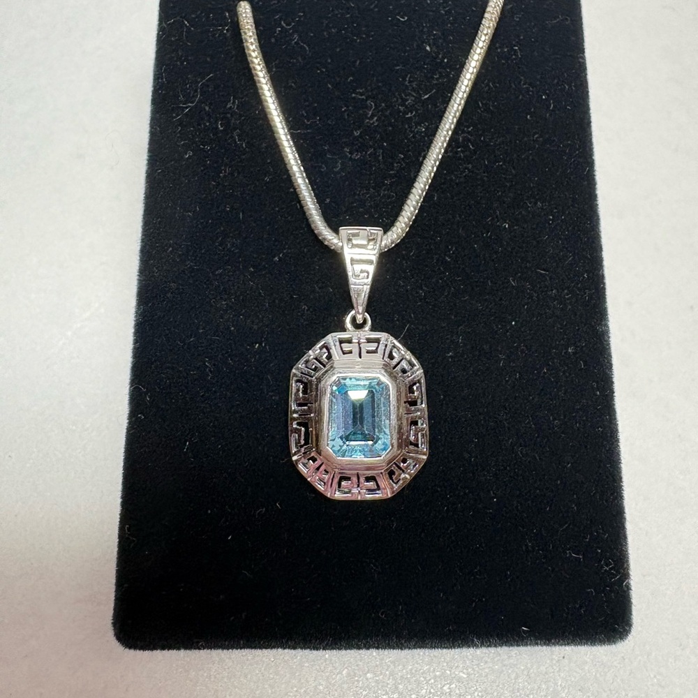 Sterling Silver Genuine Emerald-cut Faceted Blue Topaz Pendant - Picture 2 of 5
